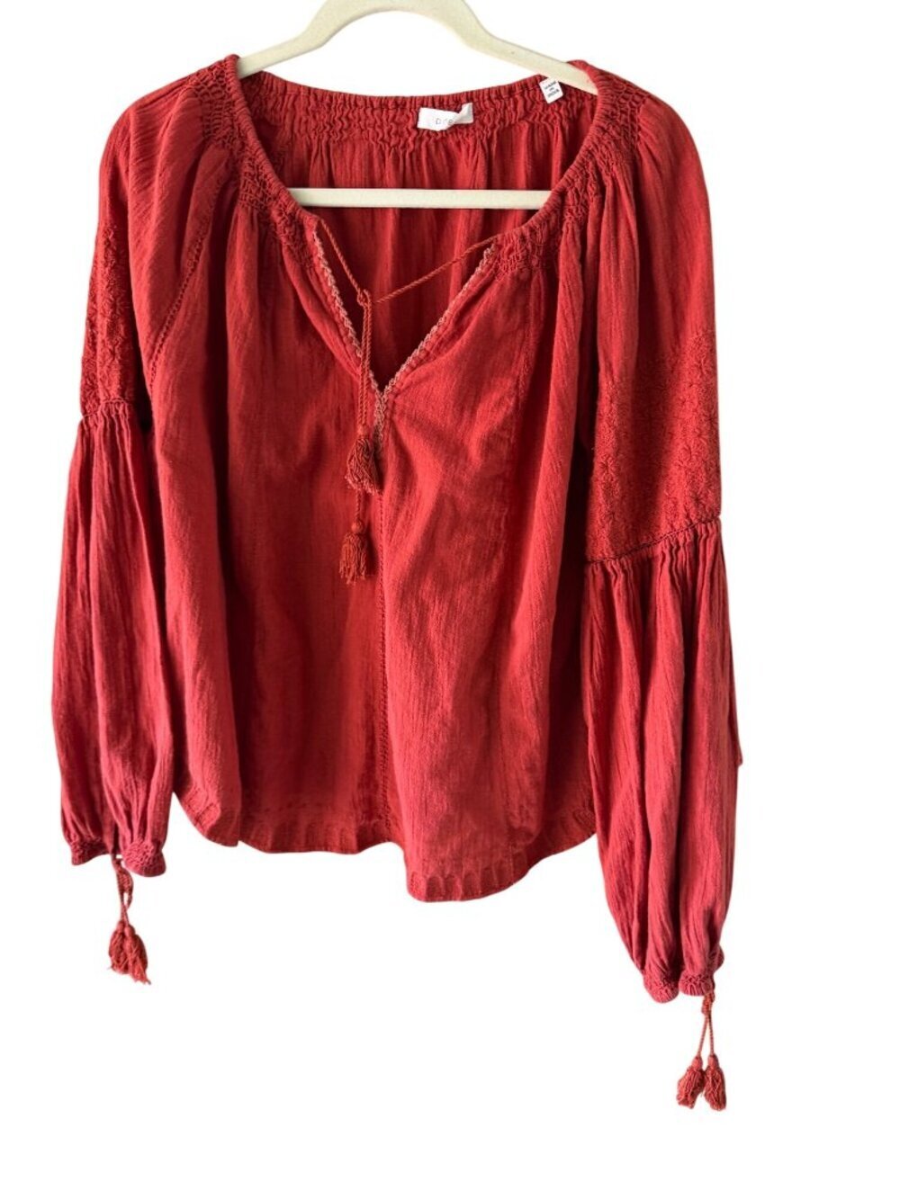 Doen Womens Embroidered Cotton Flowy Blouse Size Small Rust Red Cotton Bohemian - Picture 13 of 13